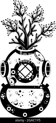 Casco da immersione retrò con corallo isolato su bianco. Bianco e nero. Illustrazione Vettoriale