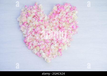 Primo piano di una pila di fiori di mela rosa a forma di cuore su una superficie blu chiaro Foto Stock