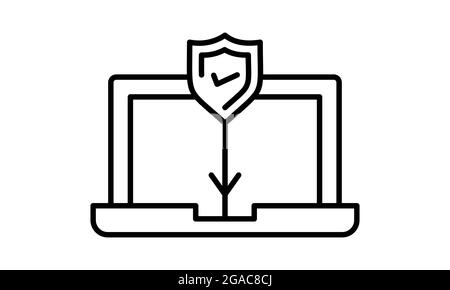 Icona di protezione del computer isolata su sfondo bianco, notebook protetto con simbolo di protezione, idea di sicurezza del pc, tecnologia firewall, sicurezza della privacy Illustrazione Vettoriale