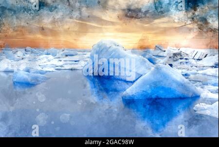 Dipinto digitale ad acquerello di una magnifica vista panoramica della laguna glaciale di Jokulsarlon, Islanda Foto Stock