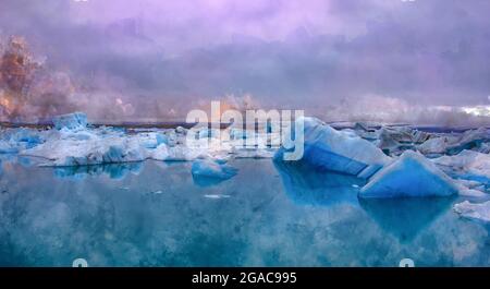 Dipinto digitale ad acquerello di una magnifica vista panoramica della laguna glaciale di Jokulsarlon, Islanda Foto Stock