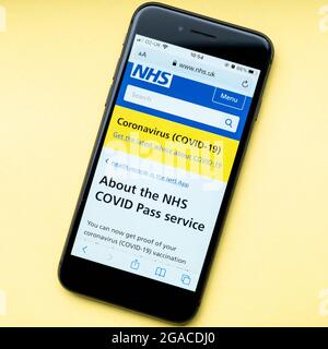 Londra UK, luglio 30 2020, cellulare o smartphone Screen Shot informazioni sul servizio NHS Covid Pass senza persone Foto Stock