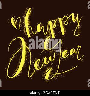 Felice anno nuovo con glitter dorato scritta disegnata a mano. Frase isolata su sfondo scuro. EPS 10 Illustrazione Vettoriale