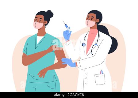 Medico femminile in maschera e guanti che danno un vaccino ad un infermiere Illustrazione Vettoriale