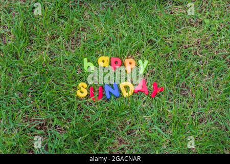 happy domenica scritta con lettere giocattolo sull'erba nel giardino della casa Foto Stock