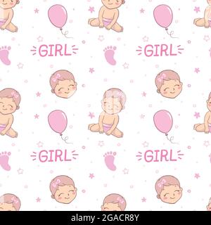 Baby doccia ragazza modello senza giunture. Motivo vettoriale rosa con un motivo senza giunture. Illustrazione Vettoriale