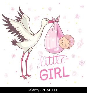 Baby doccia invito con Stork. Modello di carta dell'acquazzone del bambino. L'acquazzone del bambino invita con il bambino Illustrazione Vettoriale