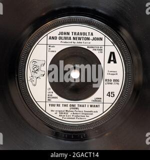 Tu sei quello che voglio di John Travolta e Olivia Newton-John, una foto d'archivio del 7' singolo vinile 45 giri in copertina Foto Stock
