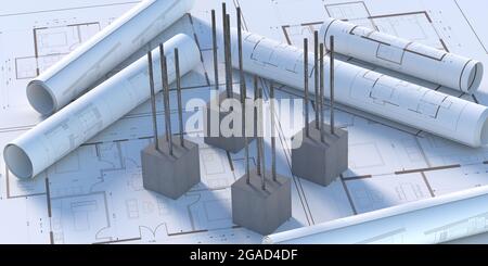 Colonne in cemento armato, barre di rinforzo in acciaio, lastre di fondazione e fondali su piani di progetto, in costruzione, edificio non finito progetto Foto Stock