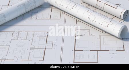 Architettura sfondo BluePrint. Immobiliare, costruzione di progetti di edilizia, progettazione ingegneristica. Piani di disegno di edifici residenziali, spazio, a. Foto Stock