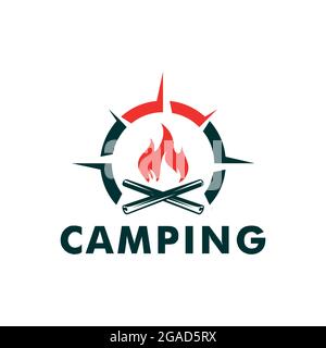 camping compasso fuori porta logo icona vettore piano concept design Illustrazione Vettoriale