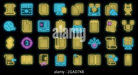 Icone di scenario impostate. Contorno insieme di icone vettoriali scenario colore neon su nero Illustrazione Vettoriale