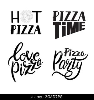 Citazioni scritte per pizza. Pizza italiana, citazioni scritte fast food, etichette di cibo con menu pizzeria. Street food, caffetteria, pizza, citano un set di illustrazioni Illustrazione Vettoriale
