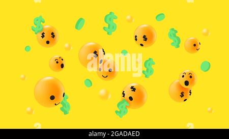 Astratto Emoticon Reactions concetto di denaro. Dollari e Emoji su Yellow background Illustration. Illustrazione vettoriale Illustrazione Vettoriale