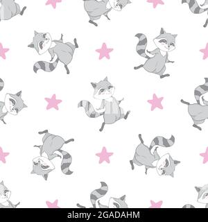 Modello senza cuciture con simpatici raccoon per bambini. Illustrazione Vettoriale