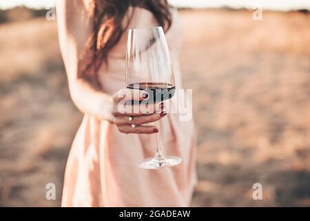 Crop anonima femmina tostatura con bicchieri di vino rosso durante la festa all'aperto in estate sera in campagna Foto Stock