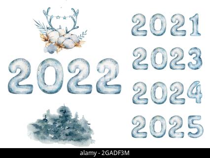 Felice anno nuovo 2022, l'anno dei numeri blu 2023,2024 e 2025, simbolo di costellazione per biglietti d'auguri, invito, poster, brochure, calendario Foto Stock