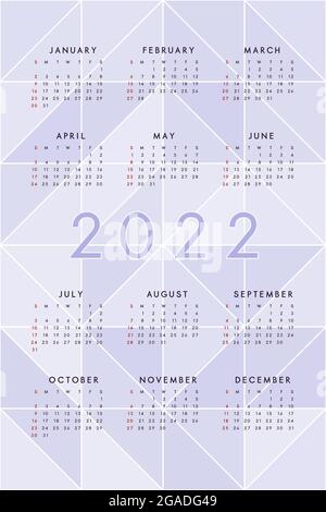 2022 modello di calendario su sfondo astratto viola con triangoli traslucidi. Calendario per stampa e digitale. La settimana inizia la domenica. Illustrazione Vettoriale