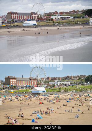 Un comp di foto di persone sulla spiaggia di Barry Island oggi (in alto) e un anno fa (in basso) come venti di fino a 75 mph in parti del Sud Ovest come Storm Evert ha colpito il Regno Unito il Giovedi e Venerdì. Data immagine: Venerdì 30 luglio 2021. Foto Stock