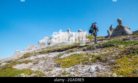 Kamchatka, Russia - 10 luglio 2018: Escursionista che sale verso la montagna. Foto Stock