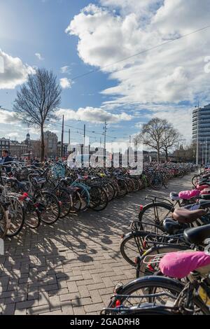 Centinaia di biciclette parcheggiate fuori dalla stazione ferroviaria centrale di Amsterdam, Stationsplein, Amsterdam, Paesi Bassi Foto Stock