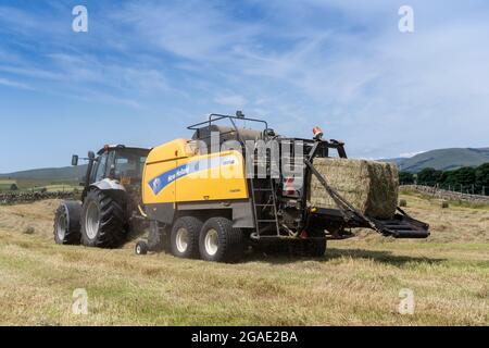 Appaltatore con una pressa argento Hurlimann e New Holland, che fa grandi balle quadrate di fieno in un prato di dales tradizionale, Hawes, North Yorkshire, Regno Unito. Foto Stock