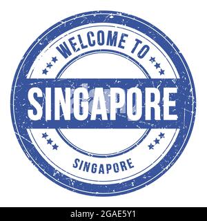 BENVENUTI A SINGAPORE - SINGAPORE, parole scritte su moneta rotonda blu Foto Stock