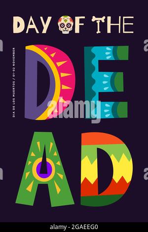 Poster vettoriale del giorno messicano del carnevale morto. Dia de Los Muertos biglietto d'auguri per il festival nazionale con caratteri colorati e cranio. Messico religioso novembre vacanza banner eps modello di design Illustrazione Vettoriale