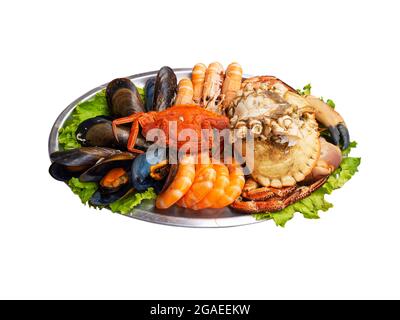 Pesce che serve isolato su bianco. Cozze, gamberetti, granchio bruno, granchio ragno e aragoste norvegesi Foto Stock