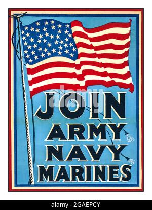 Vintage World War i Recruitment Recruiting Poster for USA America 'Join Army Navy Marines' World War One WW1 Data di creazione/pubblicazione: [1917] (poster) : litografia, colore ; Stati Uniti.--Esercito--Recruiting & Enlistment--1910-1920. United States.--Navy--Recruiting & Enlistment--1910-1920. United States.--Marine Corps--Recruiting & Enlistment--1910-1920. Guerra mondiale, 1914-1918--Recruiting & Enlistment--Stati Uniti. Bandiere--americane--1910-1920. Foto Stock