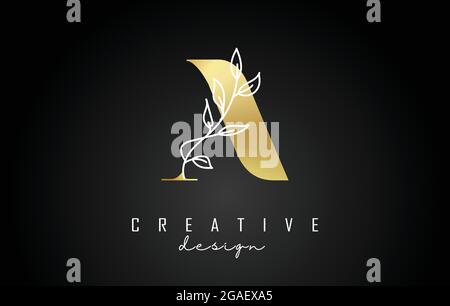 Golden Un disegno del logo della lettera con disegno vettoriale di ramo delle foglie bianche. Icona creativa ed elegante con lettera A. Illustrazione Vettoriale