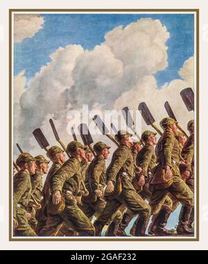 RAD REICH FORZA LAVORO Propaganda Nazi Poster Card: 1938, 'Siamo i soldati della fabbrica ...', Germania nazista RAD Parata Reich lavoro Servizio uniforme Parata con pale all'attenzione. Il Servizio del lavoro del Reich tedesco il Servizio del lavoro del Reich (Reichsarbeitsdienst; RAD) era un'organizzazione importante stabilita nella Germania nazista come agenzia per contribuire a mitigare gli effetti della disoccupazione sull'economia tedesca, militarizzare la forza lavoro e indottrinare con l'ideologia nazista. Era il servizio ufficiale del lavoro di Stato, diviso in sezioni separate per gli uomini e le donne. Seconda guerra mondiale Foto Stock