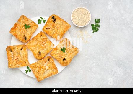 Pasta sfoglia ripiena di spinaci, pollo e formaggio. Vista dall'alto , spazio di copia Foto Stock