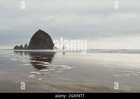 Grandangolare di Haystack Rock a Cannon Beach, Oregon Foto Stock