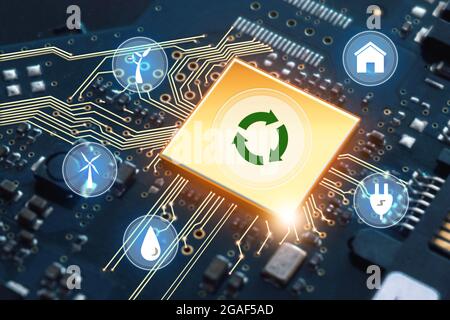 Processori centrali per computer CPU.Quantum computer, elaborazione di grandi quantità di dati, database.tecnologia di risparmio energetico ecologico rinnovabile e riscaldamento globale Foto Stock