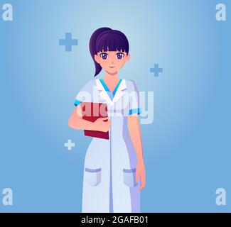 Happy anime cute dottore medico femminile in possesso di una cartella Premium Vector illustrazione Illustrazione Vettoriale