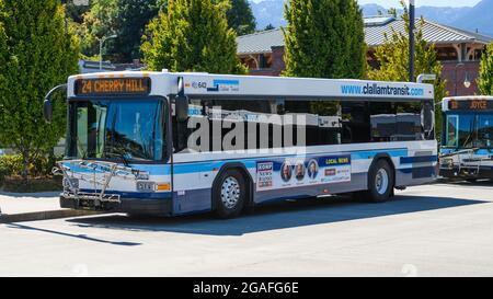 Port Angeles, WA, USA - 27 luglio 2021; autobus Clallam Transit presso la fermata dell'autobus sul lungomare nella città della Penisola Olimpica di Port Angeles Foto Stock