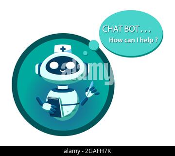 Chatbot in un cappuccio medico, una penna e un taccuino nelle sue mani chiede come può aiutare. Illustrazione vettoriale in stile cartoon, banner, flat Illustrazione Vettoriale