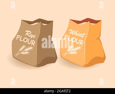 Sacchetti di carta con farina, grano, segale. Imballaggio ecologico di products.Vector cartoon illustrazione, piatto Illustrazione Vettoriale