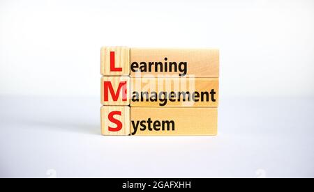 LMS, simbolo del sistema di gestione dell'apprendimento. Blocchi di legno con parole 'LMS, sistema di gestione dell'apprendimento'. Splendido sfondo bianco, spazio per la copia. Azienda, Foto Stock