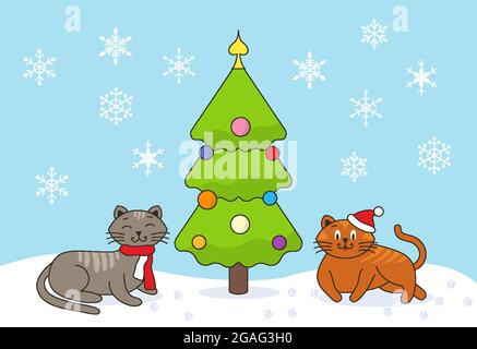 I gatti si trovano nella neve in una sciarpa e un cappello di Santa vicino ad un albero di Natale decorato, fiocchi di neve stanno cadendo dal cielo. Buon Natale e buon Capodanno biglietto d'auguri. Illustrazione di cartoni animati vettoriali Illustrazione Vettoriale