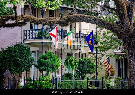 Le dimore storiche sono raffigurate su Dauphin Street, 28 luglio 2021, a Mobile, Alabama. Foto Stock