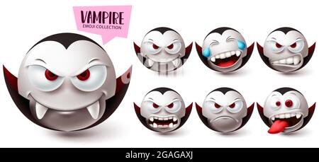 Set vettoriale emoji Smileys vampire. Smiley emojis halloween mascot collezione di icone di carattere isolato in bianco sfondo per elementi grafici di disegno. Illustrazione Vettoriale