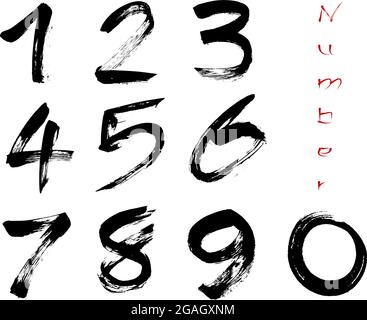 Numbers 0-9 scritto con un pennello su sfondo bianco Illustrazione Vettoriale