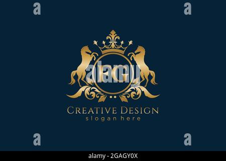 Cresta dorata FG retro con cerchio e due cavalli, modello badge con scroll e corona reale - perfetta per progetti di branding di lusso Illustrazione Vettoriale