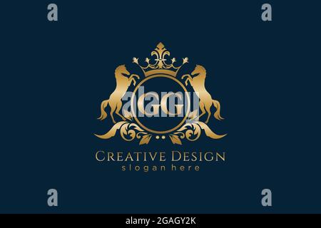 Gg retro cresta dorata con cerchio e due cavalli, modello badge con scroll e corona reale - perfetto per progetti di branding di lusso Illustrazione Vettoriale