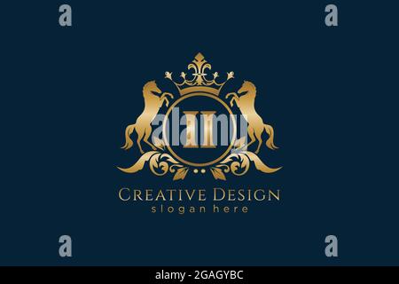 Cresta d'oro II retro con cerchio e due cavalli, stemma con scroll e corona reale - perfetta per progetti di branding di lusso Illustrazione Vettoriale