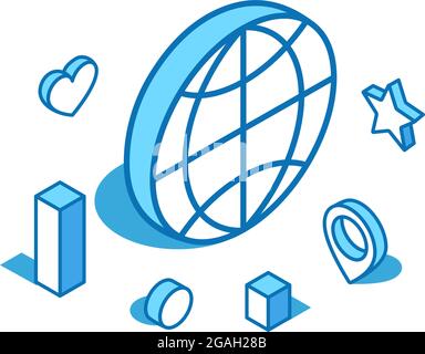 Illustrazione isometrica della linea blu mondiale. Modello di banner 3D globale, mappa, globo. Illustrazione Vettoriale