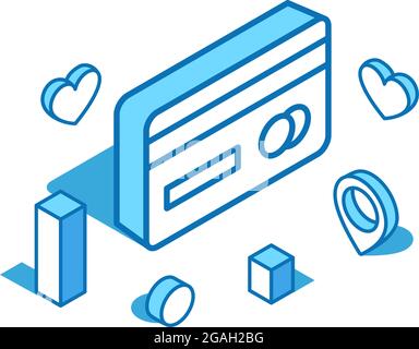 Illustrazione isometrica della linea blu della carta di credito. Modello banner 3D per carte regalo e sconti. Illustrazione Vettoriale