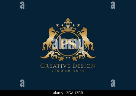 Cresta dorata PS retro con cerchio e due cavalli, modello badge con scroll e corona reale, perfetta per progetti di branding di lusso Illustrazione Vettoriale